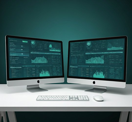 Two desktop computer screens showcasing data analytics dashboards, marketing line graphs, and performance metrics for website conversion and search engine optimization.